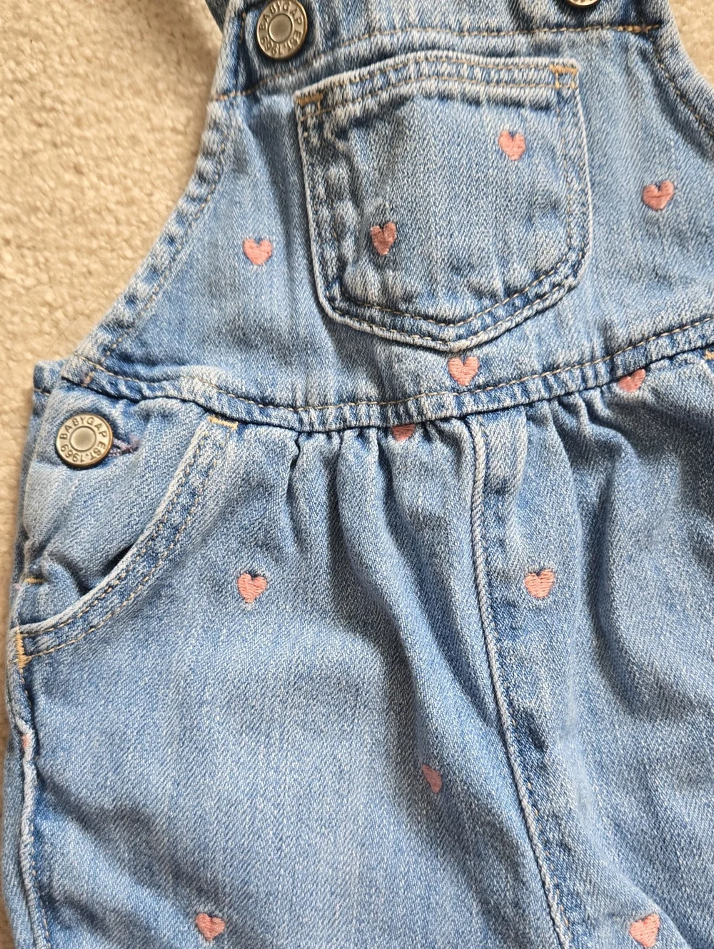 GAP Denim Overalls with Pink Heart Embroidery, Size 3-6M
